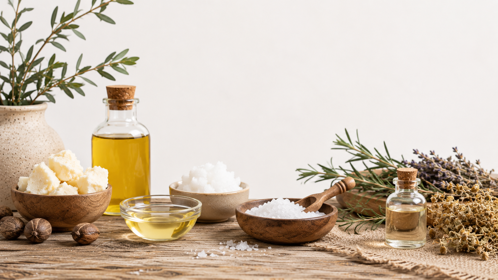Botanical soap-making workspace with natural ingredients and wooden tools